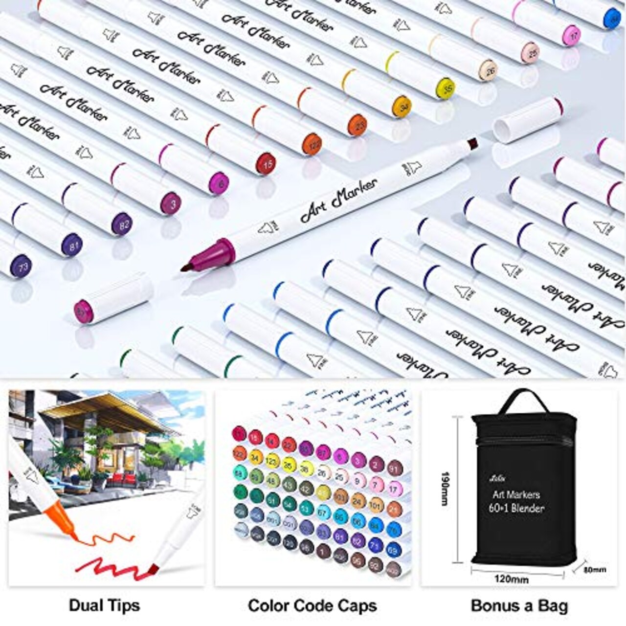 61 Colors Alcohol Art Markers, 60 Colors Plus 1 Blender Dual Tip Permanent Marker Pens Highlighters Perfect for Kids Adults Artist Drawing Sketching Card Making & Coloring Books